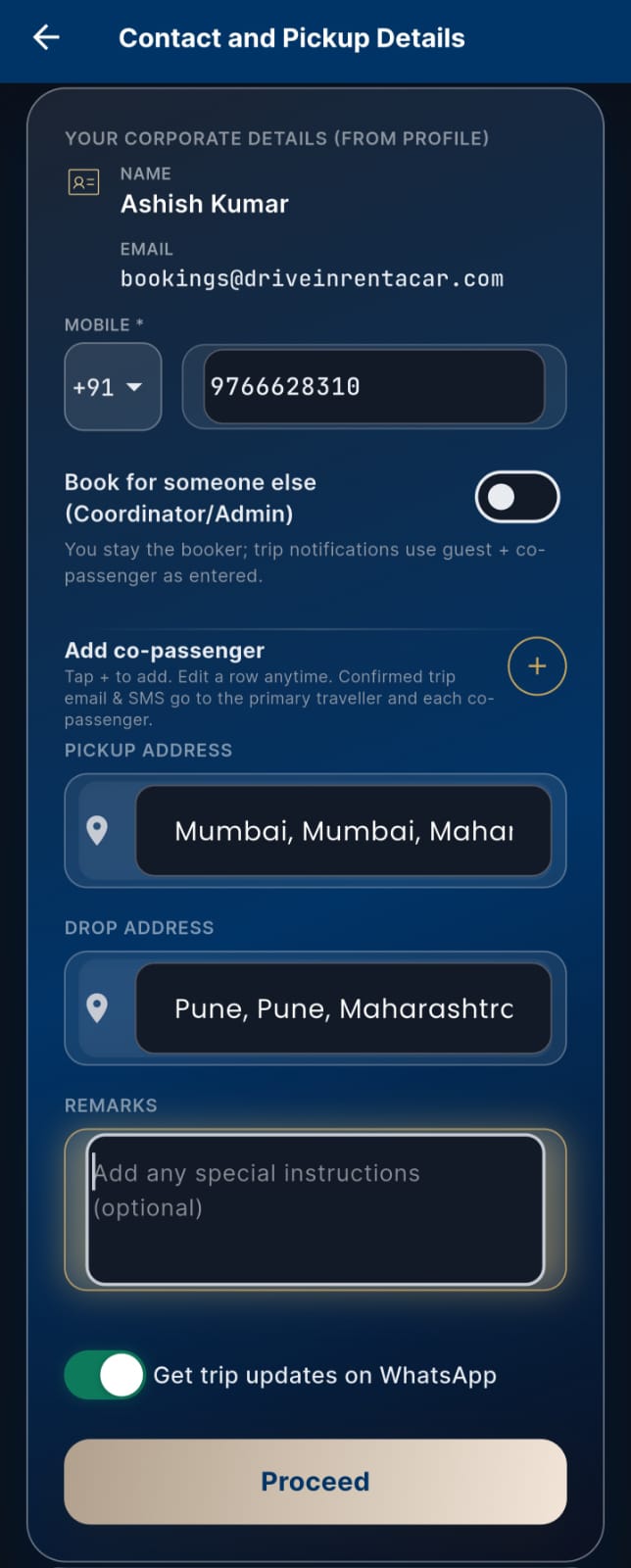 Drive-In Corporate app screen