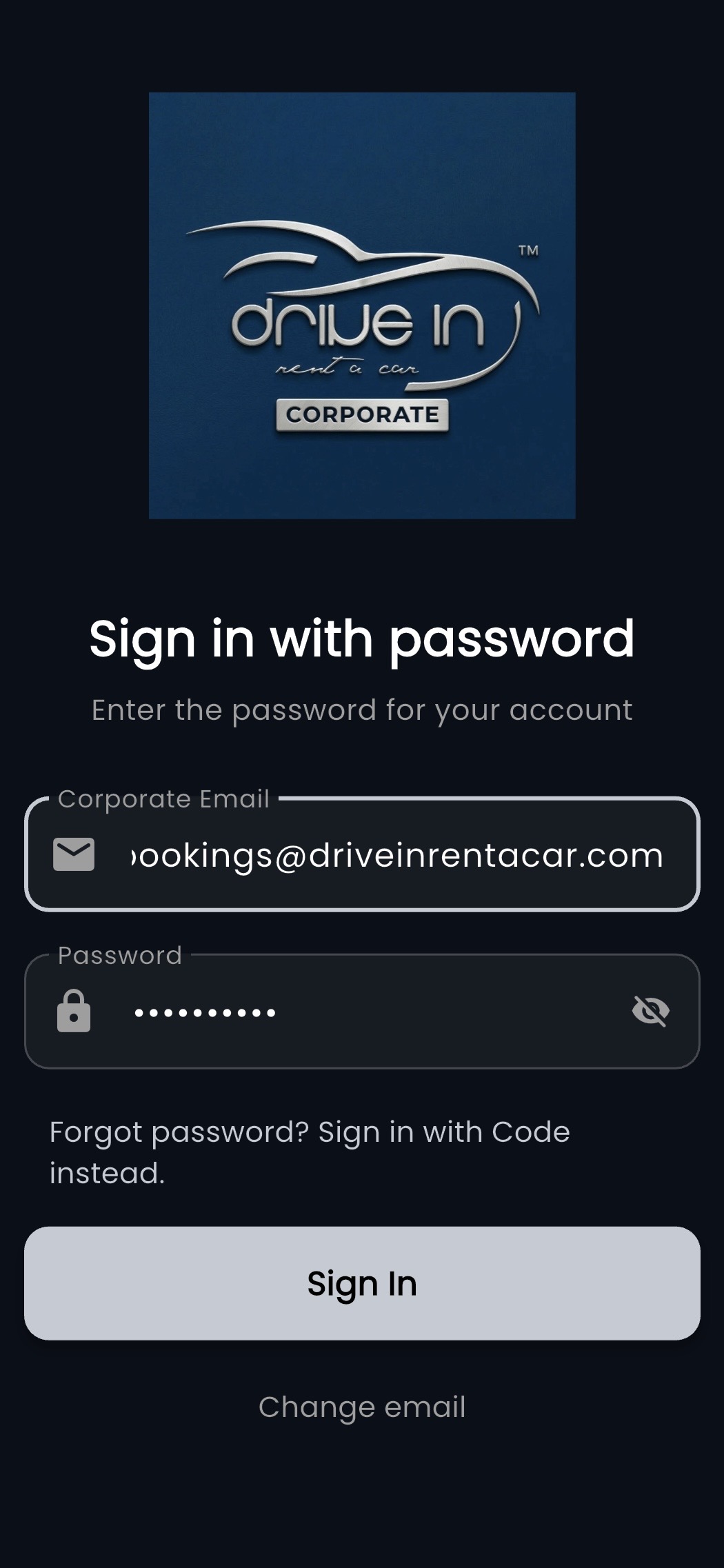 Drive-In Corporate app screen